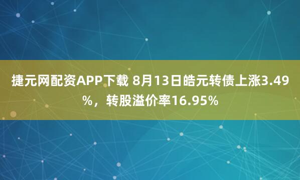 捷元网配资APP下载 8月13日皓元转债上涨3.49%，转股溢价率16.95%